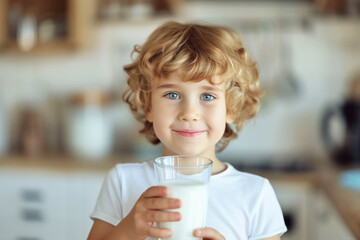 Kid boy drinking milk from glass