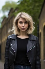 Stylish young woman in leather jacket