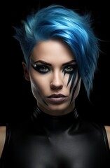 Striking blue-haired model with dramatic makeup