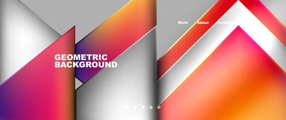 Fototapeta premium A geometric background featuring colorful triangles on a gray backdrop, creating a symmetrical pattern. The triangles are in shades of magenta, electric blue, and carmine
