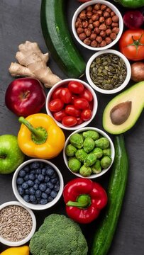 Vertical video. Healthy eating ingredients: fresh vegetables, fruits and superfood. Nutrition, diet, vegan food concept.