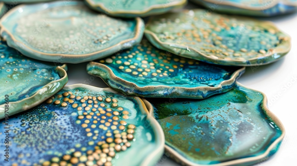 Aufkleber a set of ceramic coasters in various shades of blue and green each one with a unique abstract design