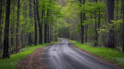 empty Road through green forest  