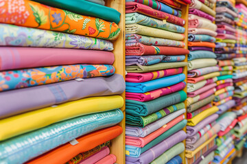 Colorful fabrics stacked on shelves in a textile store,