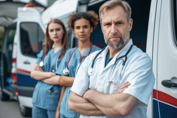 Team of doctors standing near an ambulance