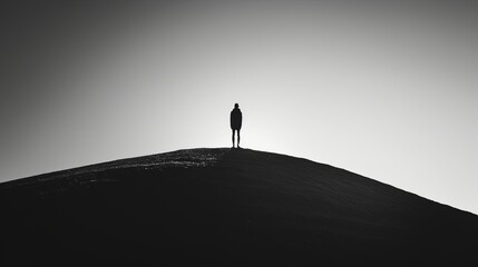 minimalist black and white photograph of a person's silhouette standing on a hilltop, with the stark shadow stretching out behind them against the bright sky - obrazy, fototapety, plakaty