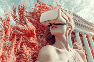 Fototapeta na wymiar A woman wearing a virtual reality headset stands in front of a building