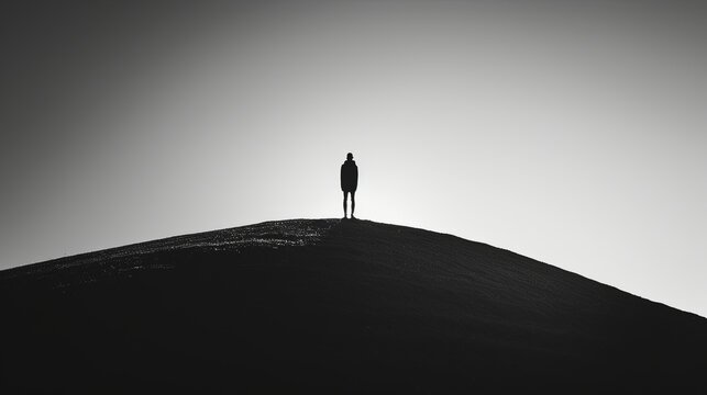 minimalist black and white photograph of a person's silhouette standing on a hilltop, with the stark shadow stretching out behind them against the bright sky