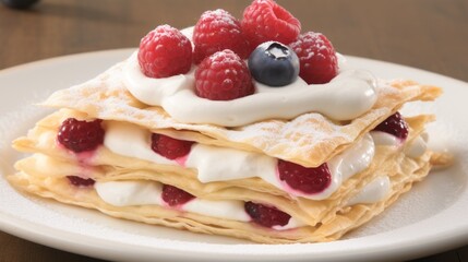 Delicious fruit crepes with whipped cream and berries