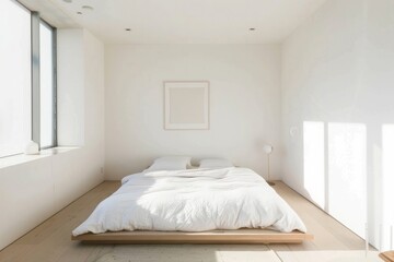 Enter a minimalist bedroom with a platform bed, crisp white linens, and a single piece of artwork hanging above the headboard, Generative AI