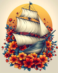 A white ship with a blue and orange flower design on it