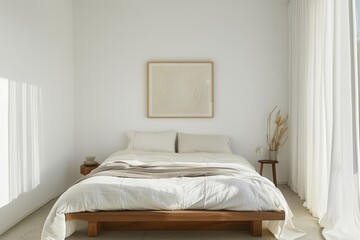Enter a minimalist bedroom with a platform bed, crisp white linens, and a single piece of artwork hanging above the headboard, Generative AI