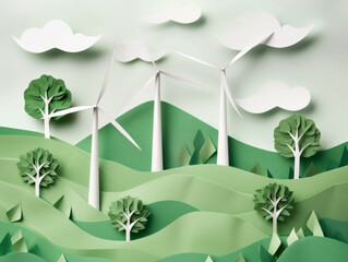 Paper art , renewable energy with green energy as wind turbines , Renewable energy by 2050 Carbon neutral energy , Energy consumption and CO2, Reduce CO2 emission concept. - ai
