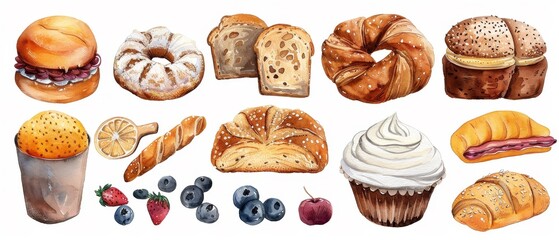 Develop watercolor clipart of bakery items like bread cakes and pastries suitable for a bakery menu cooking classes or food market promotions