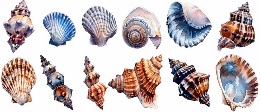 Develop watercolor clipart depicting various seashells suitable for a beach resort s marketing materials coastal decor items or marine biology education
