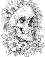 A skull with flowers surrounding it
