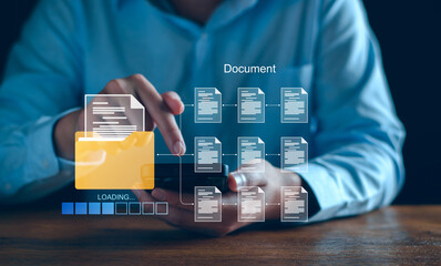 Document management system concept. Businessman manage digital business data, file storage, database document and file collection. Technology software computer manage file document business company.