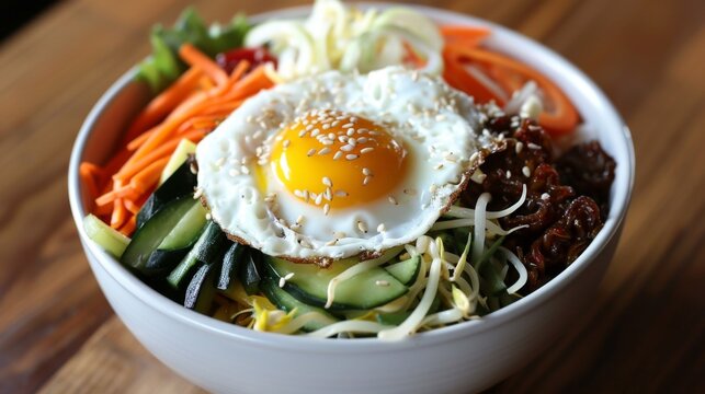 A bowl of traditional Korean bibimbap with floating sunny-side-up egg and assorted vegetables, a flavorful and nutritious meal.
