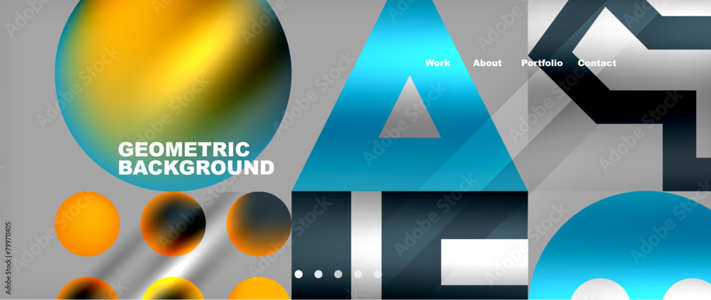 Aufkleber A dynamic geometric background featuring electric blue circles, triangles, and arrows, creating a sense of symmetry and space. The triangles and rectangles add a modern touch to the design