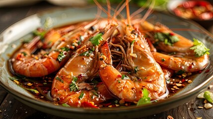 plate of raw prawns soaking in a piquant fish sauce marinade, absorbing the bold flavors and spices for a mouthwatering culinary experience, ideal for lovers of authentic Asian cuisine.