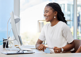 African woman, office and computer for working, research and online report for web article....