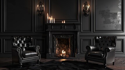 Black classic interior with fireplace leather armchairs carpet candles mockup