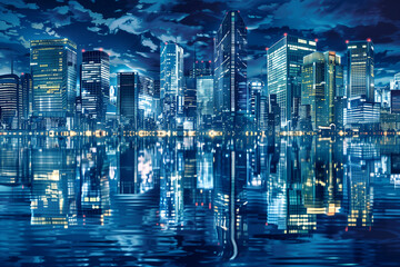 A city skyline is reflected in the water