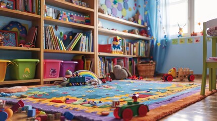 Fototapeta premium A children's playroom filled with colorful toys, books, and a soft rug, fostering creativity and imagination in young minds.