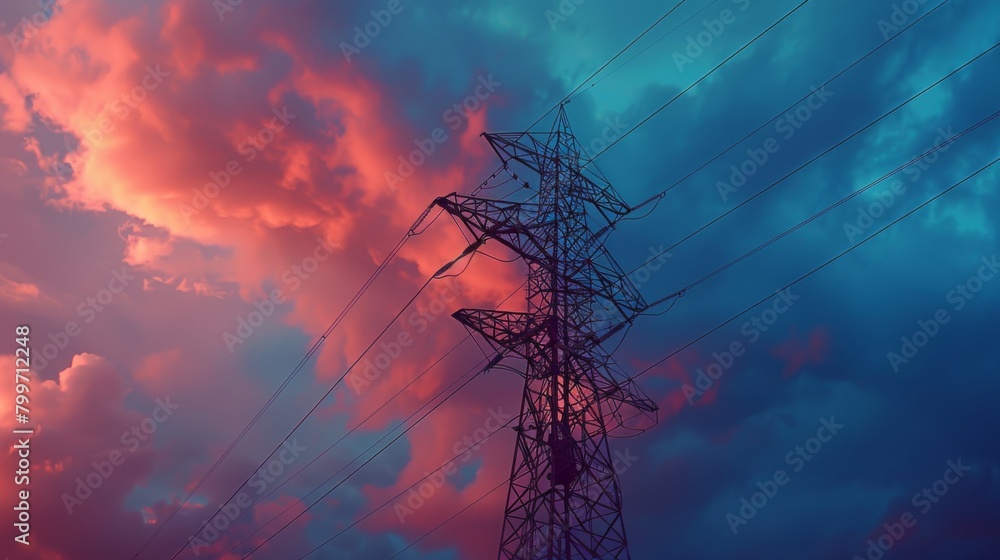 Poster a close-up of a high-voltage power line tower against a dramatic sky, symbolizing energy transmissio