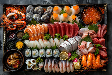 A tray of assorted sushi and seafood is displayed on a table
