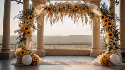 Lace and fabric wedding arch with balloons and sunflowers.