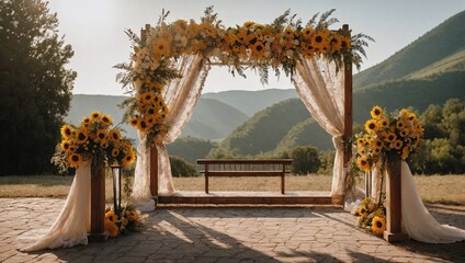 Lace and fabric wedding arch with balloons and sunflowers. - Powered by Adobe