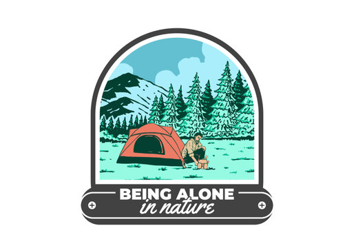 Camping alone in nature. Vintage outdoor illustration badge design
