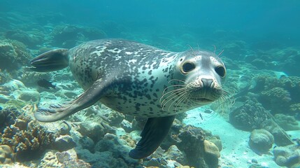 Fototapeta premium A seal swimming gracefully in crystal-clear waters, surrounded by vibrant coral reefs.