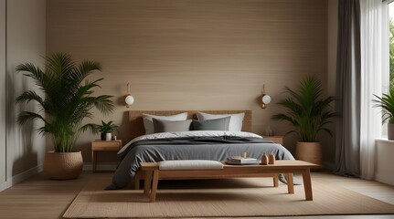 A tranquil bedroom setting with a white empty frame as the focal point, surrounded.generative.ai