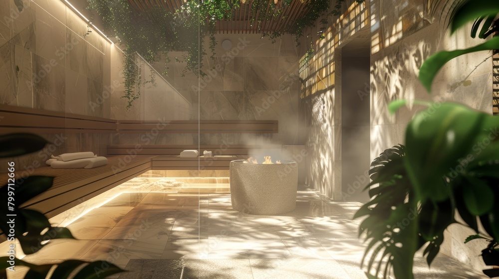 Poster a herbal steam sauna where natural essences are released into the air creating a relaxing and rejuve