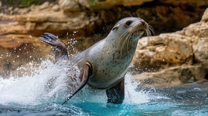 Fototapeta premium A seal playfully flipping and splashing in a pool of water, its joyful antics captured in a lively setting.
