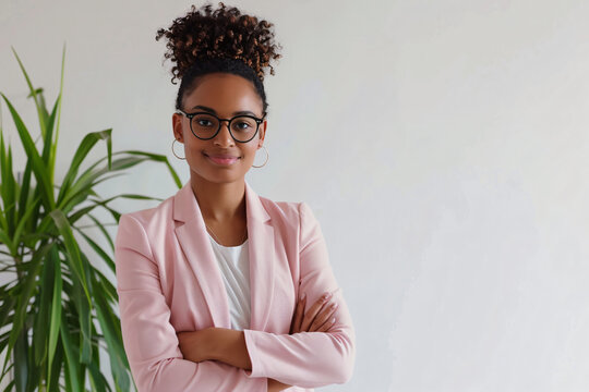 Portrait Of Happy Black Businesswoman Standing With Arms Crossed, Wearing Pink Blazer And Glasses In Office Room Near Plant On White Background