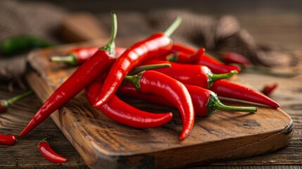 A close-up of vibrant red Thai chili peppers on a wooden cutting board, ready to add fiery heat to Thai dishes.