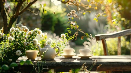 A serene garden setting with a teapot and cups arranged on a wooden bench, inviting guests to savor the tranquility of afternoon tea.