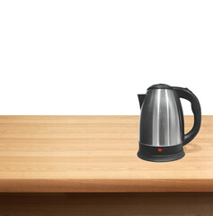 Electric kettle on a wooden table PNG transparent