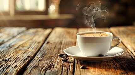 steaming cup of freshly brewed coffee on a rustic wooden table, evoking the aroma and warmth of a morning ritual.
