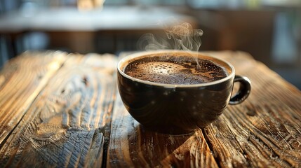 steaming cup of freshly brewed coffee on a rustic wooden table, evoking the aroma and warmth of a morning ritual.