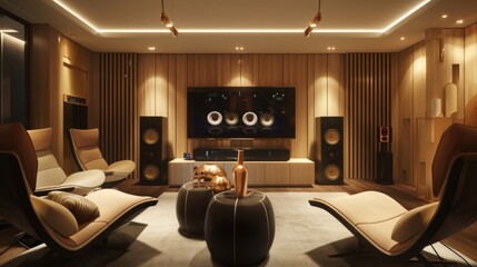 A contemporary media room with a wall-mounted TV, surround sound speakers, and plush recliners, perfect for movie nights and binge-watching.