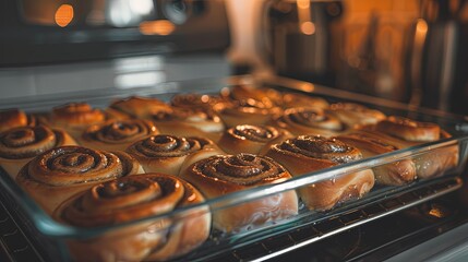 tray of golden brown cinnamon rolls fresh from the oven, their sweet aroma filling the kitchen with warmth and comfort.