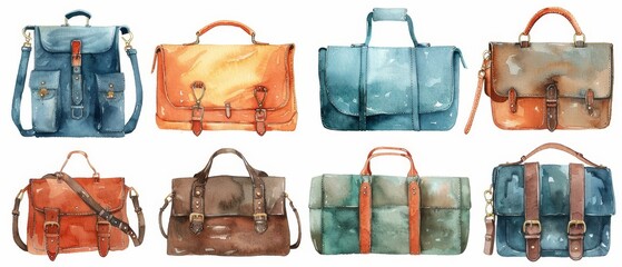 Design watercolor clipart depicting various types of bags ideal for a designer s portfolio fashion blog or retail store displays - obrazy, fototapety, plakaty