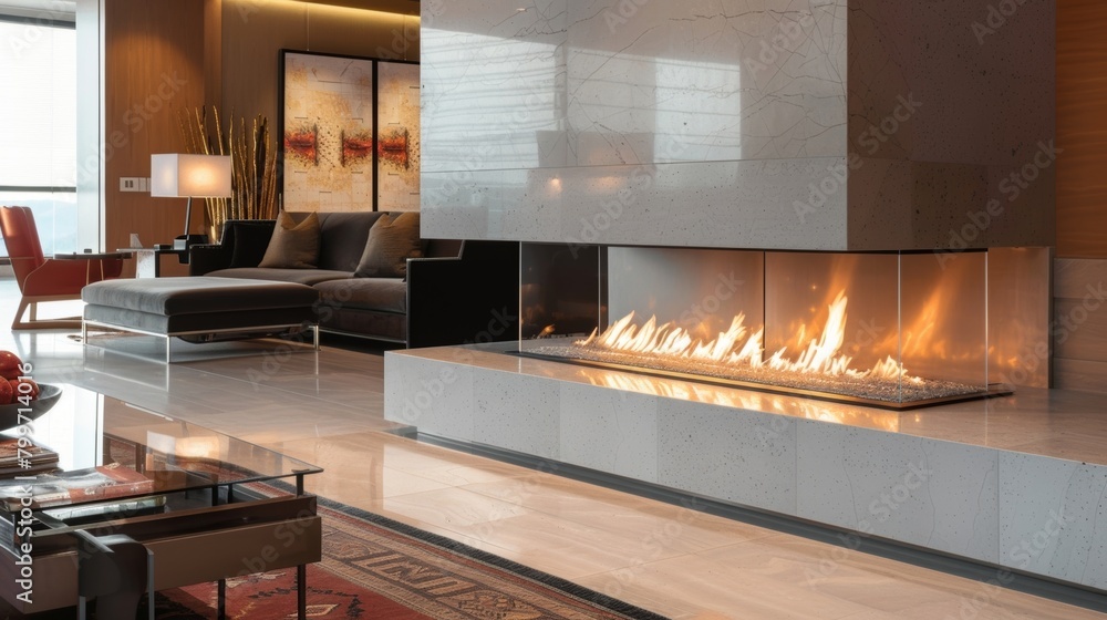 Poster The fireplace with its gl and modern aesthetic serves as a stylish and functional addition to the sleek and sophisticated setting of the art gallery. 2d flat cartoon.