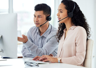 Call centre, man and woman with manager, typing and computer for website and market research...