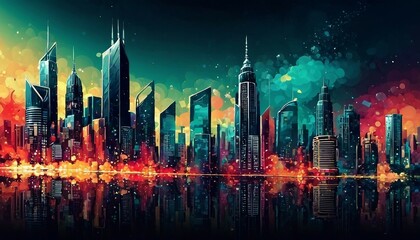 Abstract cityscape background with skyscrapers and urban elements.

