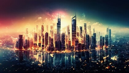 Fototapeta premium Abstract cityscape background with skyscrapers and urban elements. 